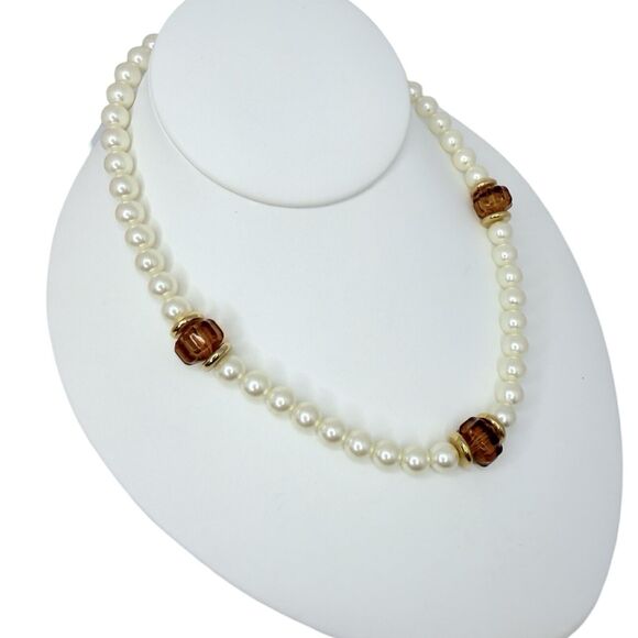 Faux Amber Glass Beaded Pearl Necklace 17" Gold Tone Element Girlcore Trendy - Picture 2 of 10